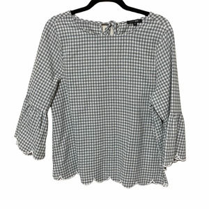 Papermoon Womens Gingham Print Woven Scalloped Edges Top Size Small Green White